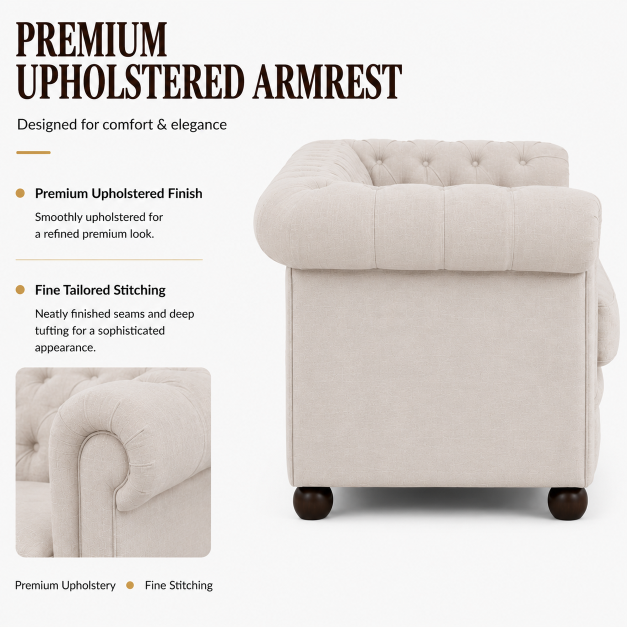 Best 3 Seater Chesterfield Sofa Fabric Cotton Line Blend Sofa with Frame Marandi wood & Soft Padded High Quality