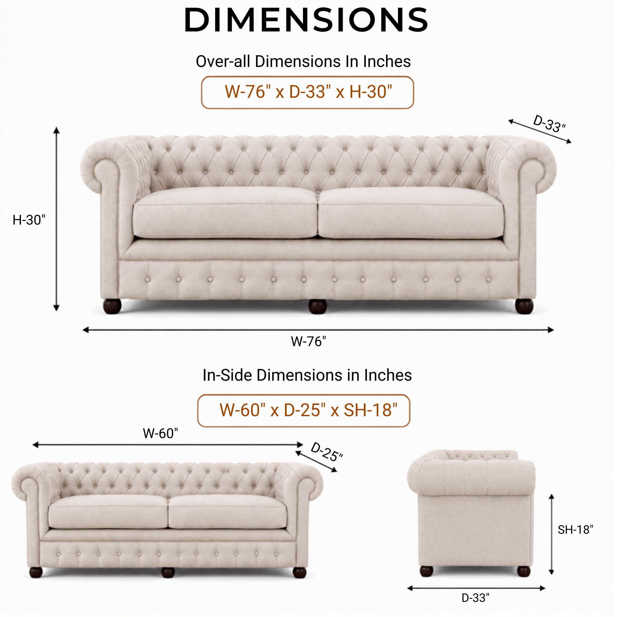 Best 3 Seater Chesterfield Sofa Fabric Cotton Line Blend Sofa with Frame Marandi wood & Soft Padded High Quality