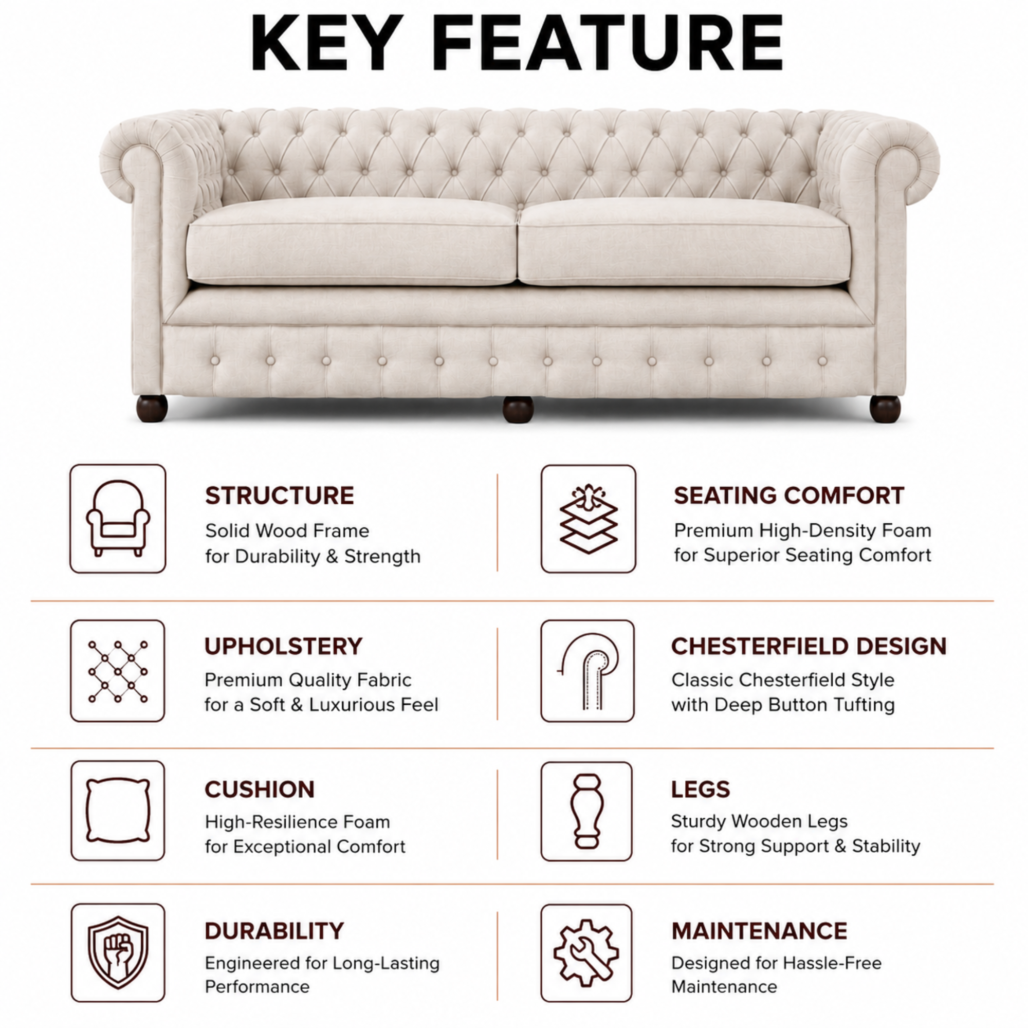 Best 3 Seater Chesterfield Sofa Fabric Cotton Line Blend Sofa with Frame Marandi wood & Soft Padded High Quality