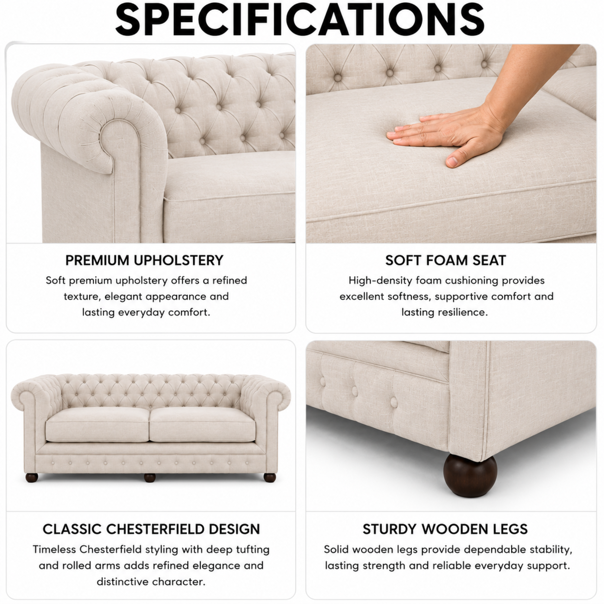 Best 3 Seater Chesterfield Sofa Fabric Cotton Line Blend Sofa with Frame Marandi wood & Soft Padded High Quality