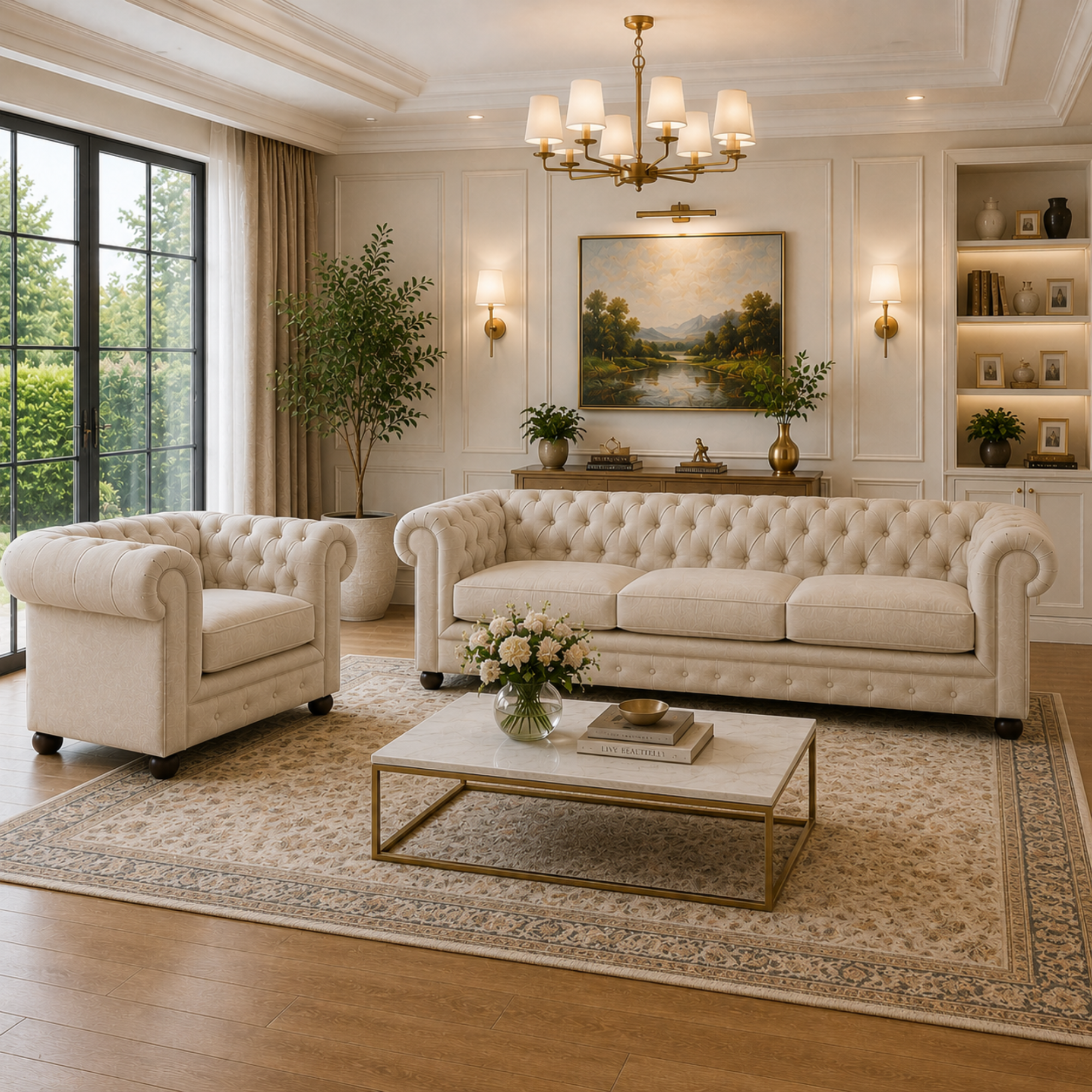 Best 3 Seater Chesterfield Sofa Fabric Cotton Line Blend Sofa with Frame Marandi wood & Soft Padded High Quality