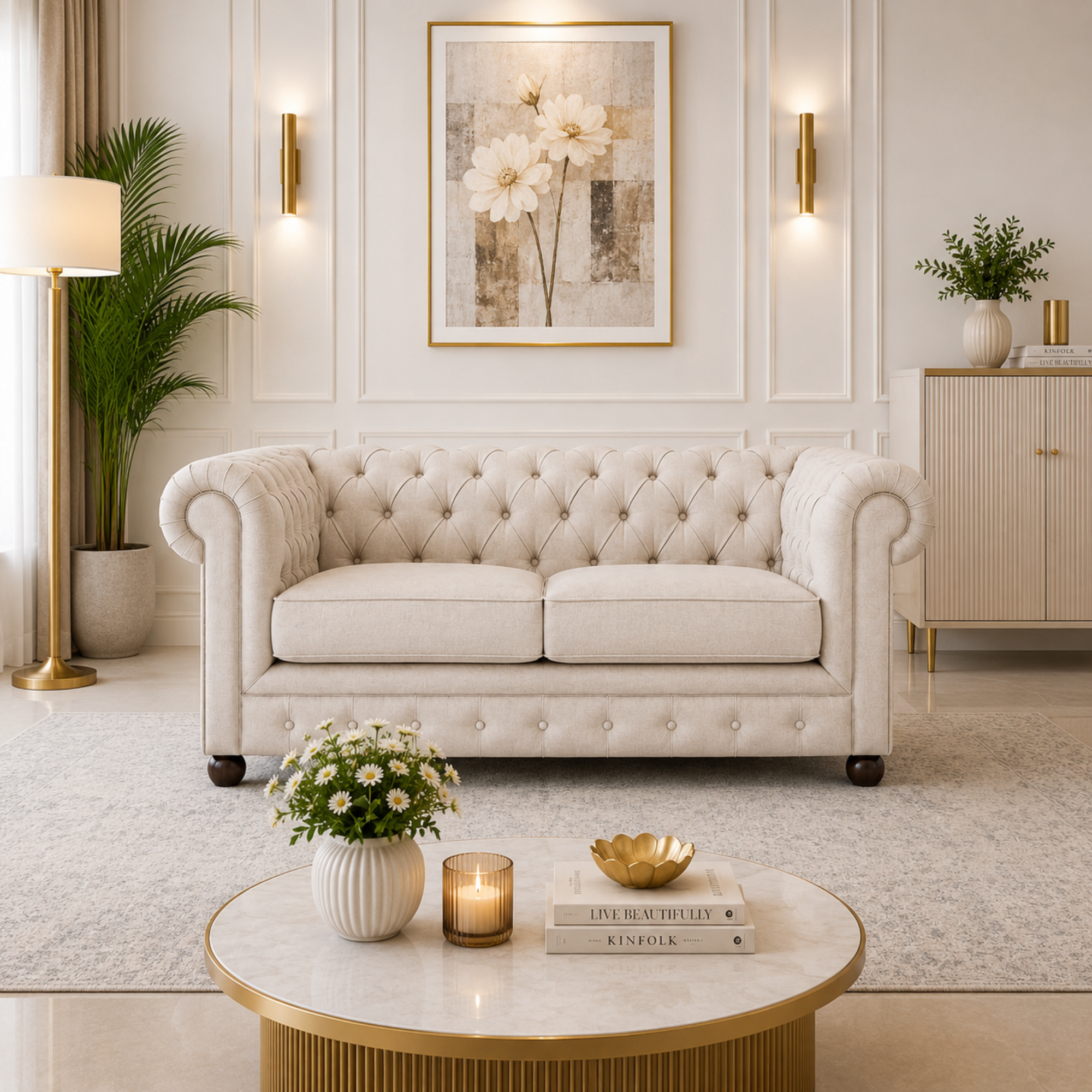 Best 3 Seater Chesterfield Sofa Fabric Cotton Line Blend Sofa with Frame Marandi wood & Soft Padded High Quality