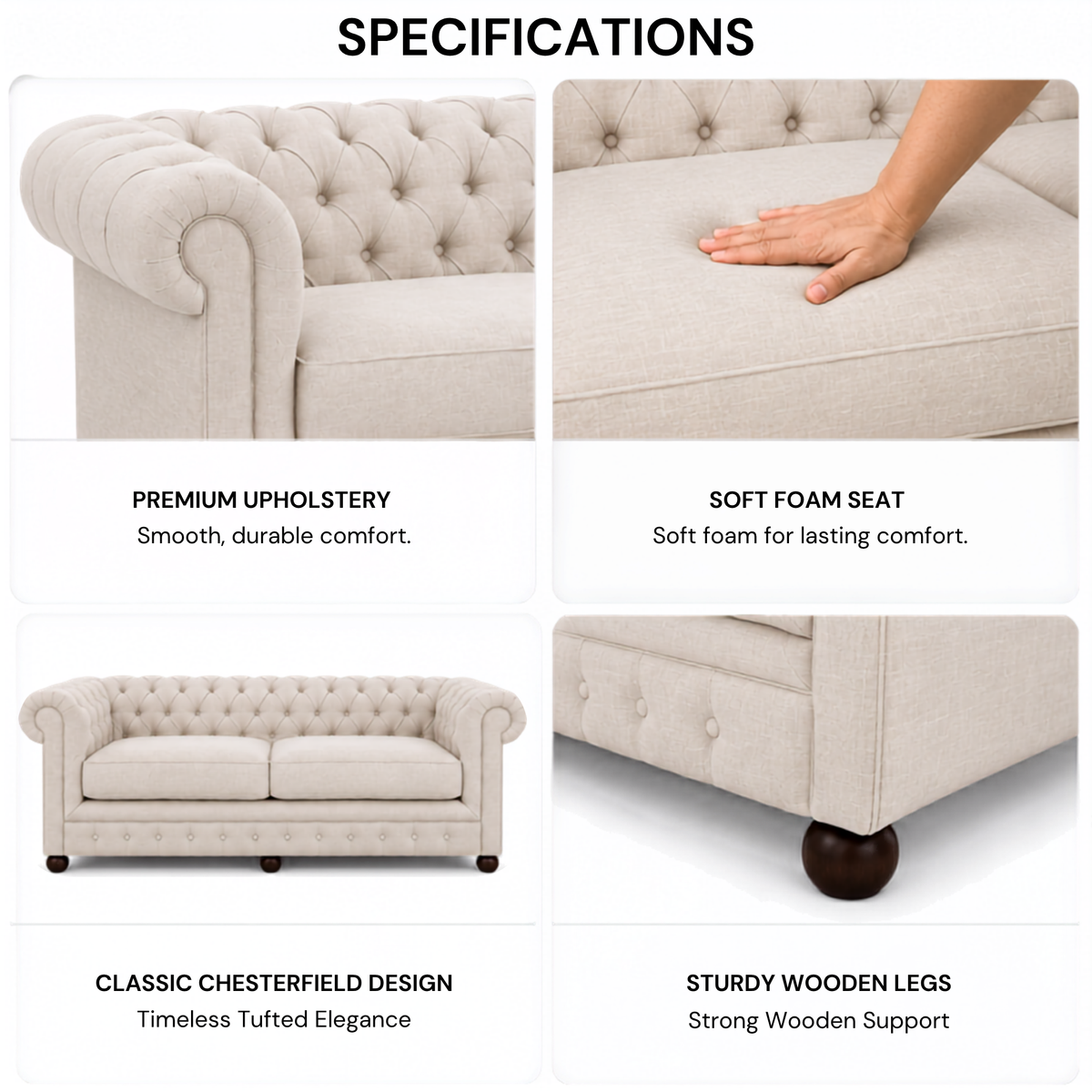 Best 3 Seater Chesterfield Sofa Fabric Cotton Line Blend Sofa with Frame Marandi wood & Soft Padded High Quality