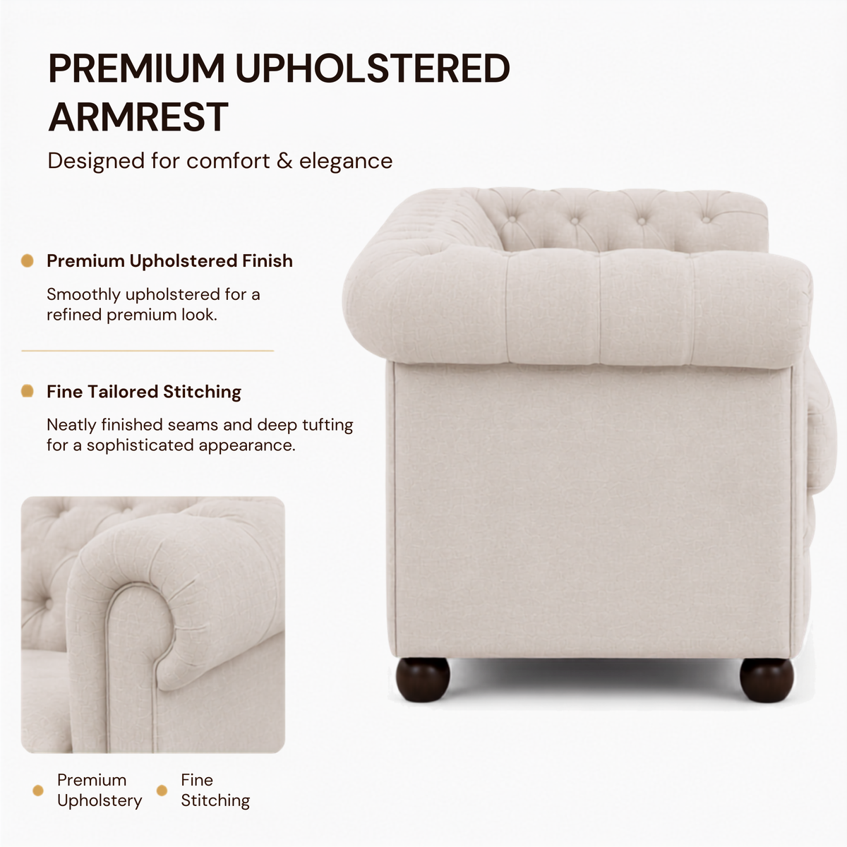 Best 3 Seater Chesterfield Sofa Fabric Cotton Line Blend Sofa with Frame Marandi wood & Soft Padded High Quality