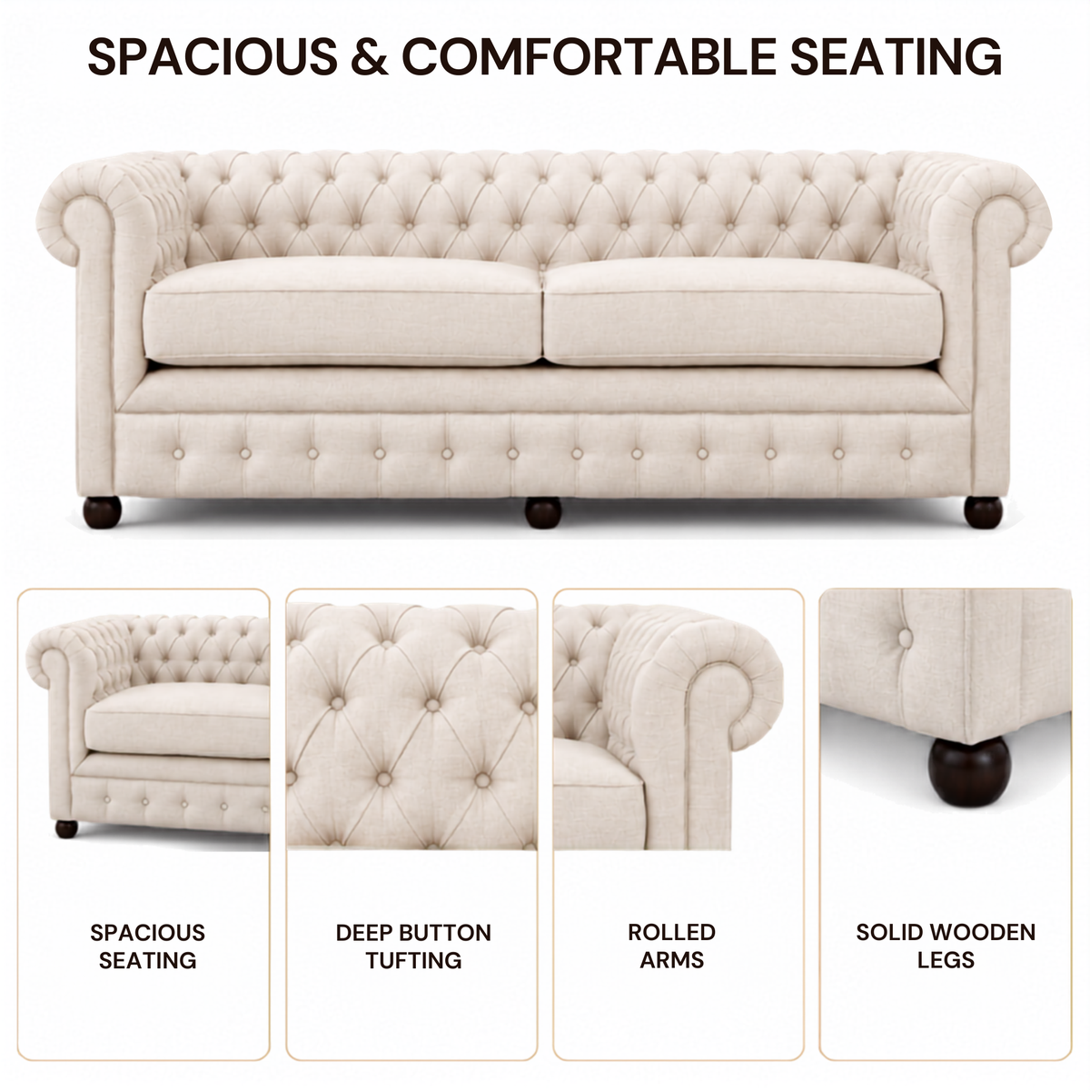 Best 3 Seater Chesterfield Sofa Fabric Cotton Line Blend Sofa with Frame Marandi wood & Soft Padded High Quality
