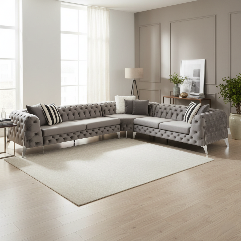 L Shape Sectional Tufted Sofa Velvet Fabric & Soft Seating & Metal Legs and Stylish Design for Living Room
