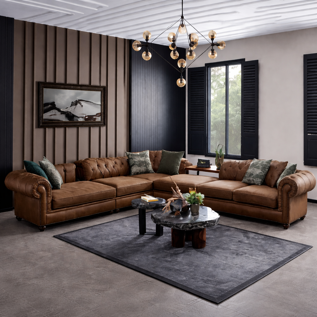 Tan Brown L-Shaped Corner Sofa