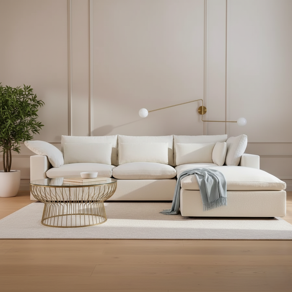 L Shape Sectional Sofa Luxury Home Furniture Made in Marandi wood with Suede Fabric Durable in High Quality Sofa