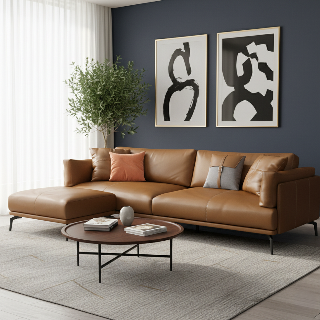 L Shape Sectional Sofa Luxury and Leatherette Material 4-person Seating Capacity Suitable for Living Room