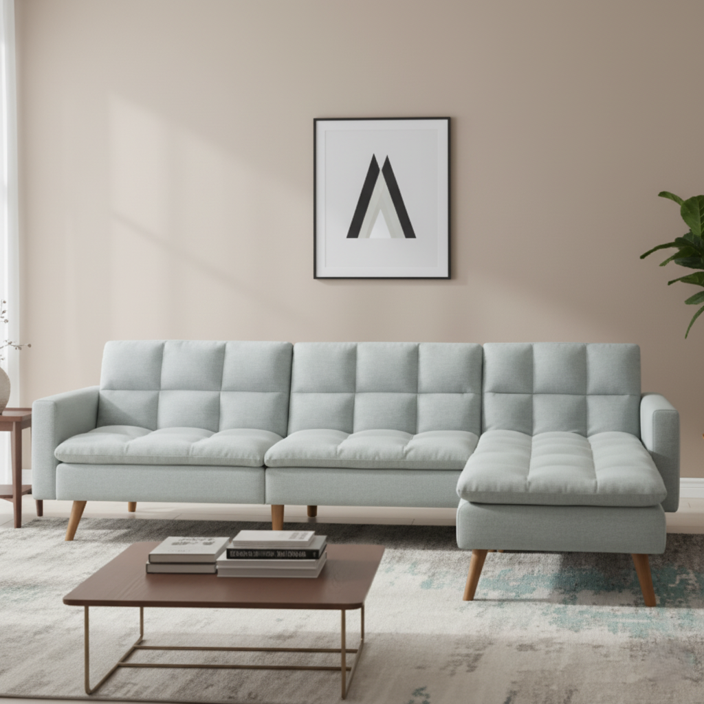 L-Shaped Corner Sleeper Sofa Cum Bed and Structure By Plywood &amp; Solid Wood Frame With Solid Wood Legs Base