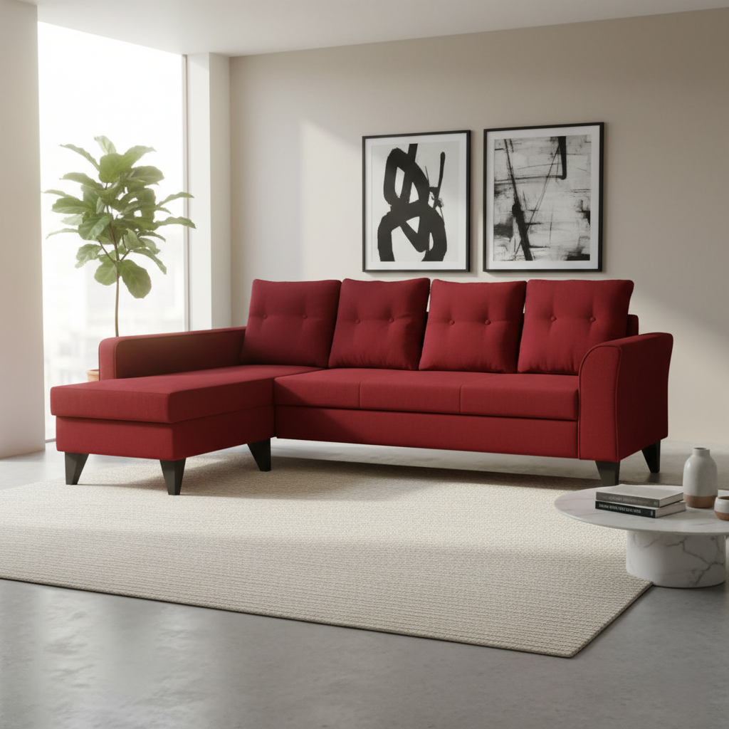 সেকশনাল এল শেপ ৫ সিটার সোফা, লিভিং রুমের জন্য আপহোলস্টেরি ফ্যাব্রিক টেকসই এবং আরামদায়ক প্যাডেড লিভিং রুমের জন্য উপযুক্ত - মেরুন