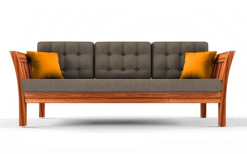 Gray sofa with wooden frame and orange cushions on a white background