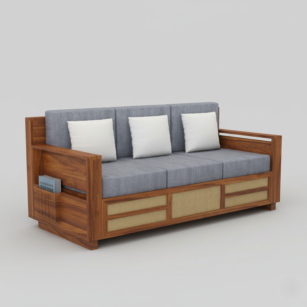 3 Seater Wooden Sofa For Home and Furniture Premium Upholstery Modern and Durable Design for Living Room and Office - Grey