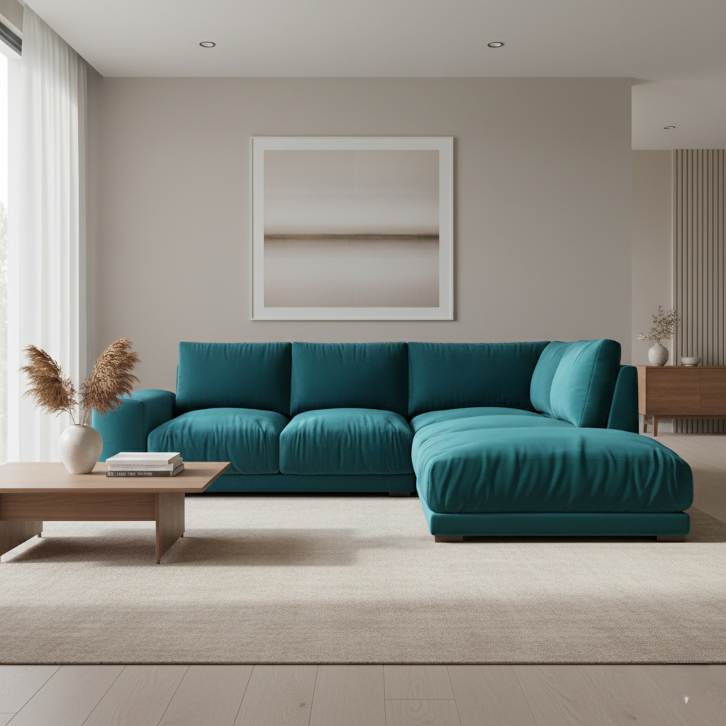 3 सीटर एल आकार सोफा आधुनिक डिजाइन और कपड़ा टिकाऊ और आरामदायक गद्देदार लिविंग रूम, कार्यालय के लिए बिल्कुल सही - नीला