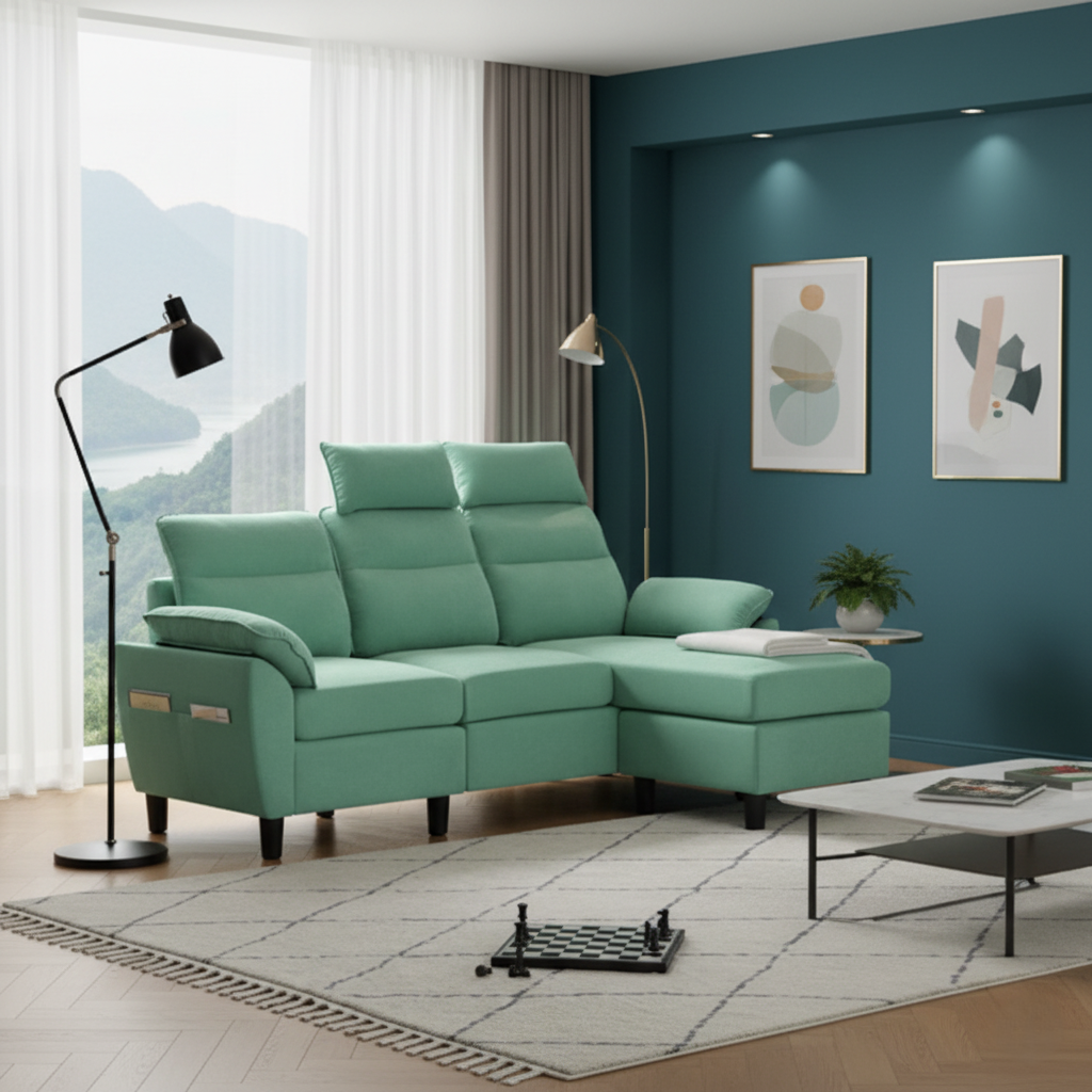 लिविंग रूम के लिए एल-आकार का 3-सीट वाला सोफा, परिवर्तनीय सोफा, असबाब कपड़ा, आधुनिक डिज़ाइन, टिकाऊ और आरामदायक बैठने की जगह और सपोर्ट, गद्देदार - नीला