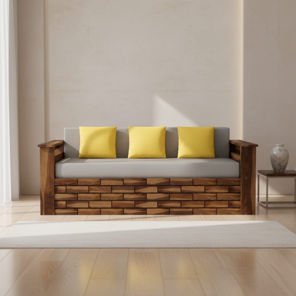 Sofa for Home Furniture Made in Solid wood with Side Pocket Storage and wooden Polish finish