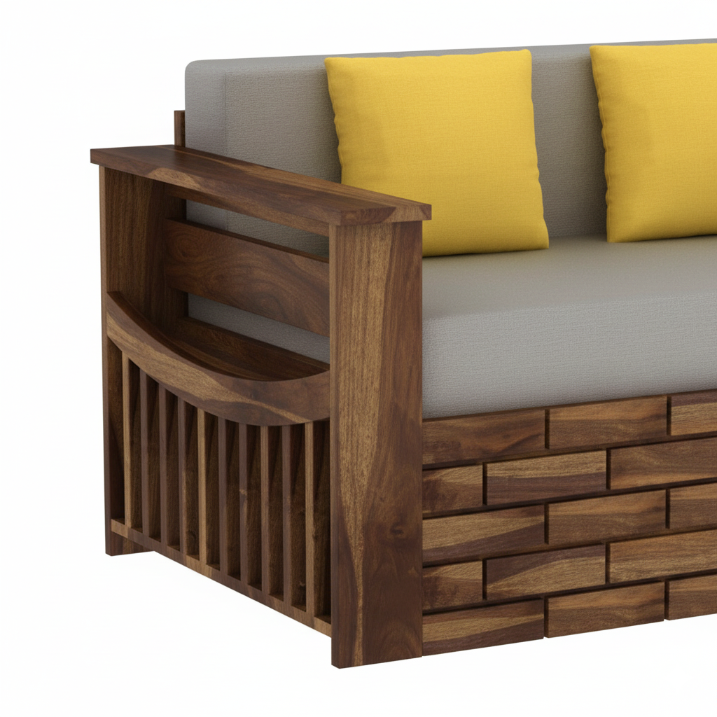 Sofa for Home Furniture Made in Solid wood with Side Pocket Storage and wooden Polish finish