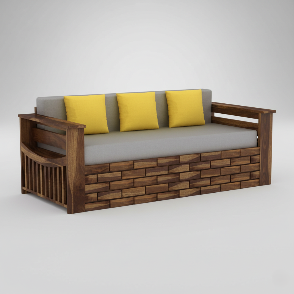 Sofa for Home Furniture Made in Solid wood with Side Pocket Storage and wooden Polish finish