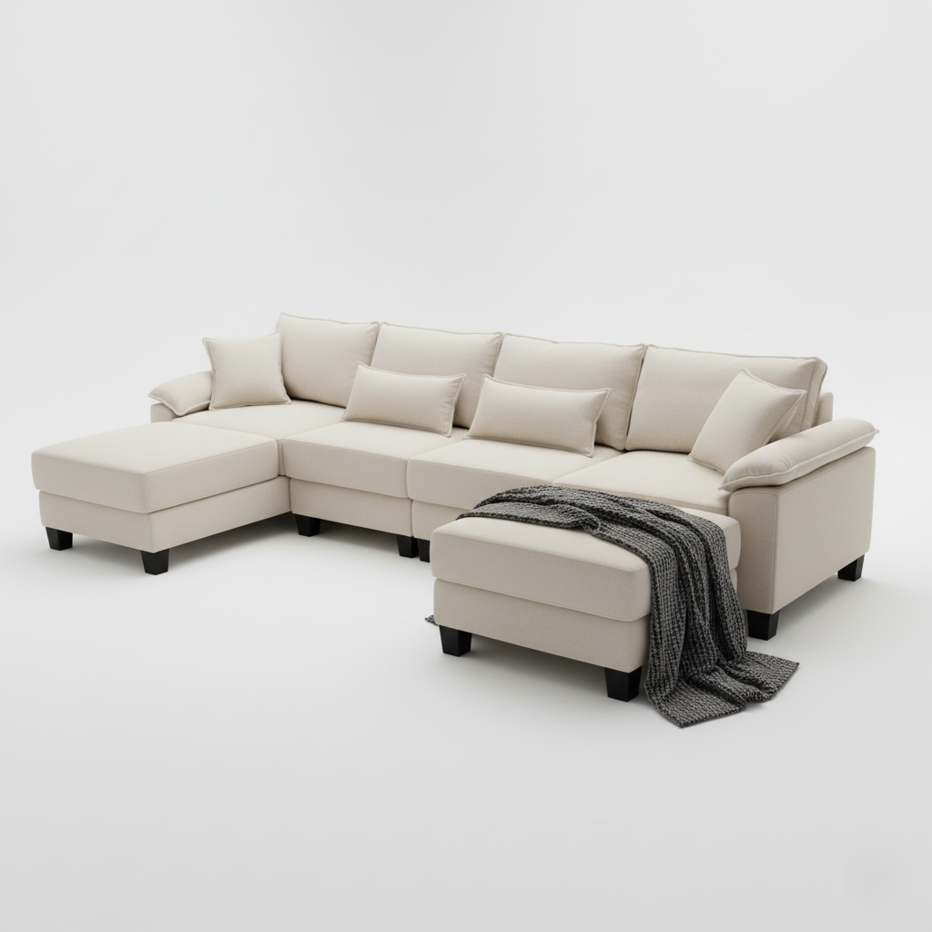 घर के लिए यू-आकार का सीटर सोफा, फर्नीचर, असबाब, सुरुचिपूर्ण कपड़ा, सर्वोत्तम गुणवत्ता वाला कपड़ा और प्रीमियम गुणवत्ता वाली लकड़ी, लक्जरी और आधुनिक