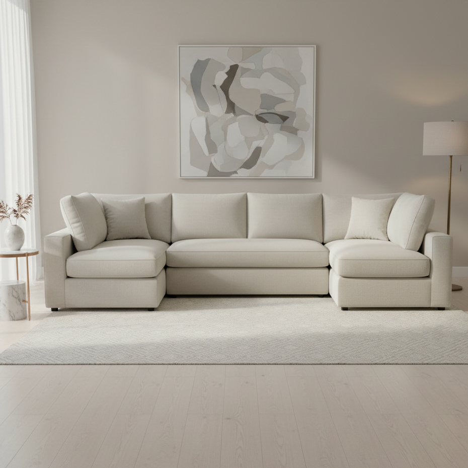 Sectional U Shape Sofa For Home Furniture, Upholstery Fabric Modern And Durable Design For Living Room -Beige