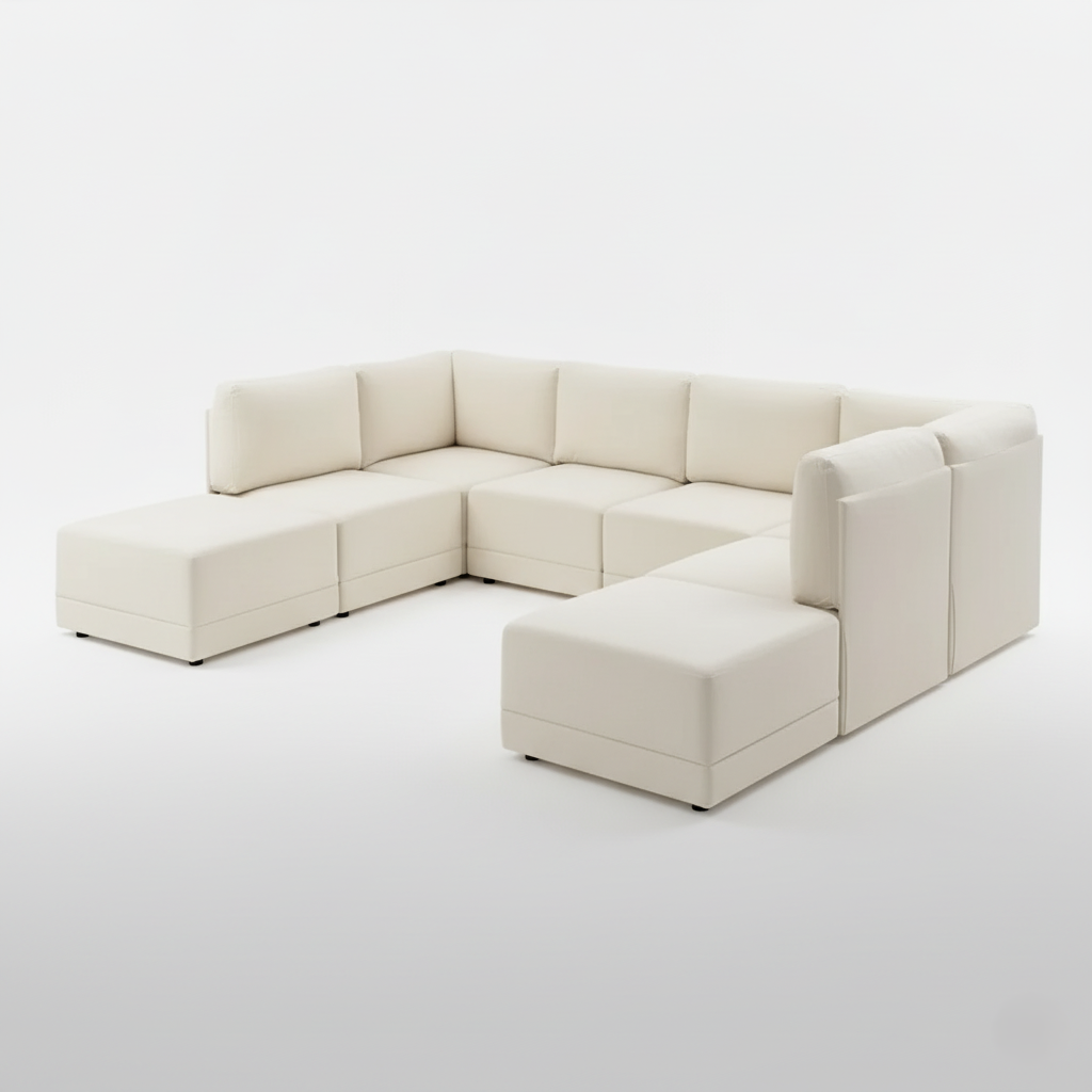 7 सीटर सोफा और चौड़ा सममित मॉड्यूलर कॉर्नर डिज़ाइन अपहोल्स्ट्री साबर लिविंग रूम के लिए आधुनिक और टिकाऊ डिज़ाइन - ऑफ व्हाइट