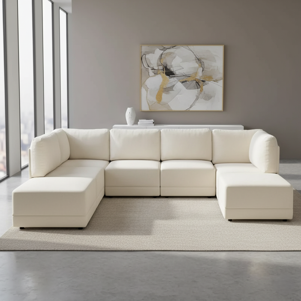 6 Seater Sofa & Wide Symmetrical Modular Corner Design Upholstery Suede Modern And Durable Design For Living Room - Off White