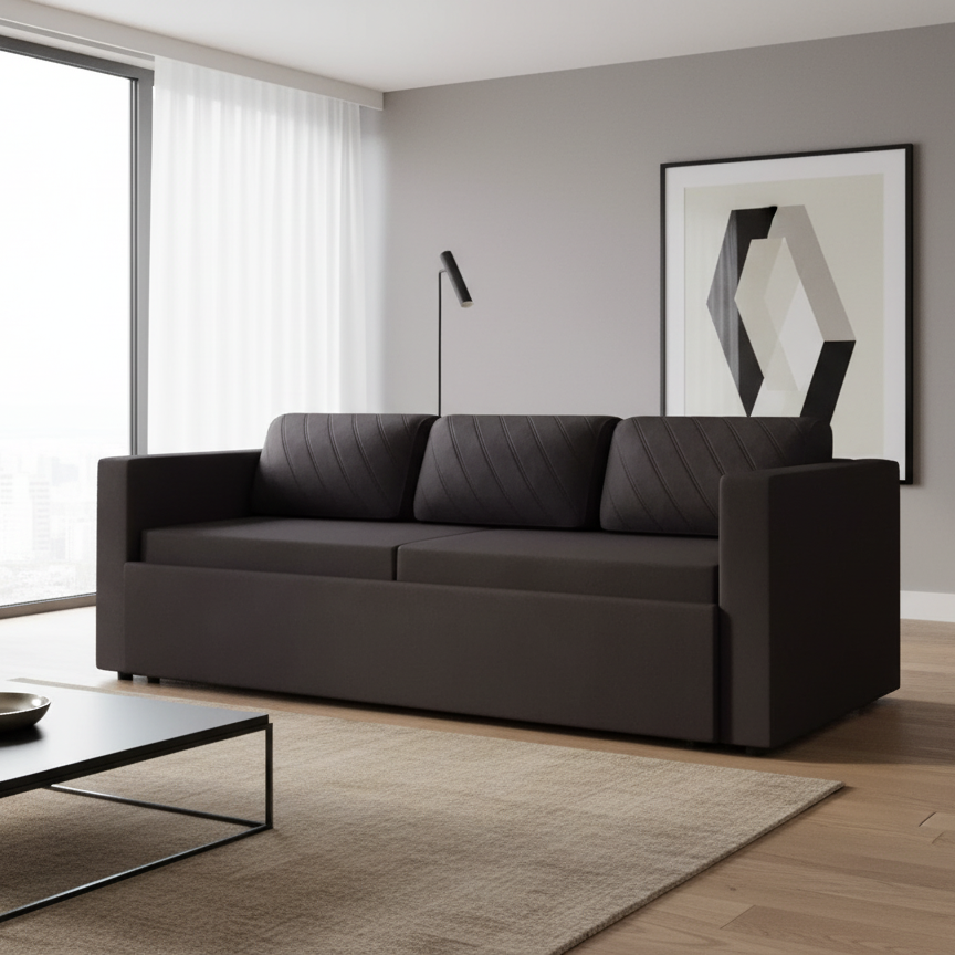 3 + 1 सोफा कम बेड लेदरेट फ़ैब्रिक होम फ़र्नीचर फ़्रेम प्लाईबोर्ड, लिविंग रूम के लिए उच्च घनत्व वाला फ़ोम सॉफ्ट और आरामदायक सीटिंग - काला