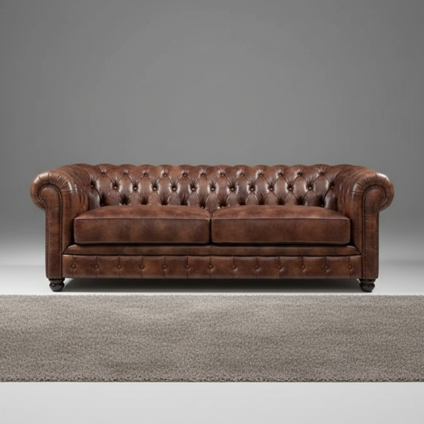 Brown leather sofa on a gray background