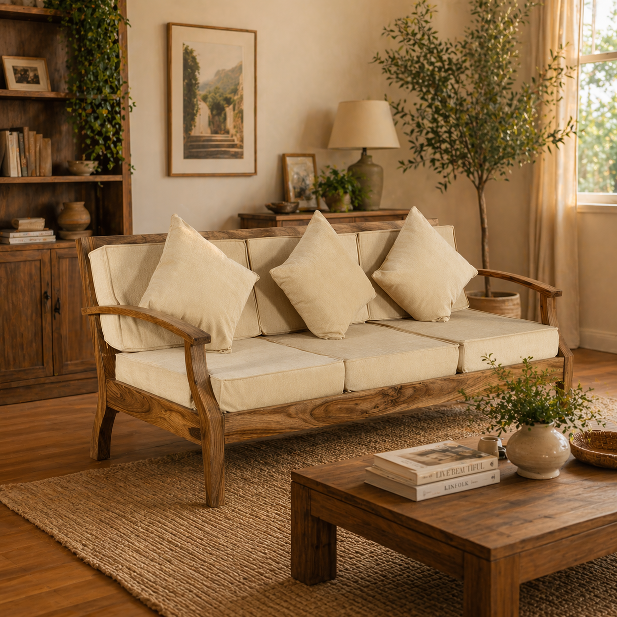 3 Seater Wooden Sofa Fabric Upholstery Modern And Durable Design For Living Room -Brown