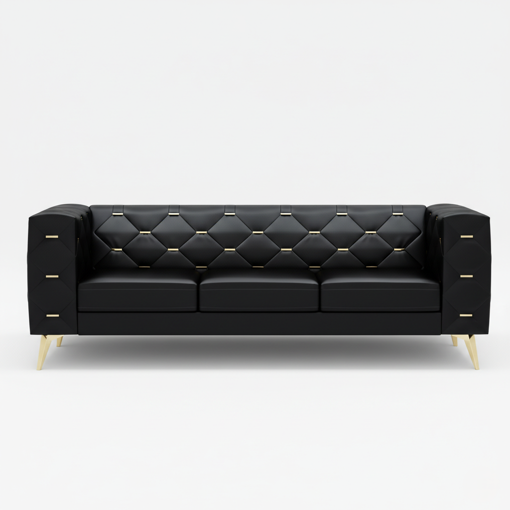 3 Seater Sofa Elegance Redefined: A Luxurious Black Tufted Sofa with Golden Accents for the Modern Living Space