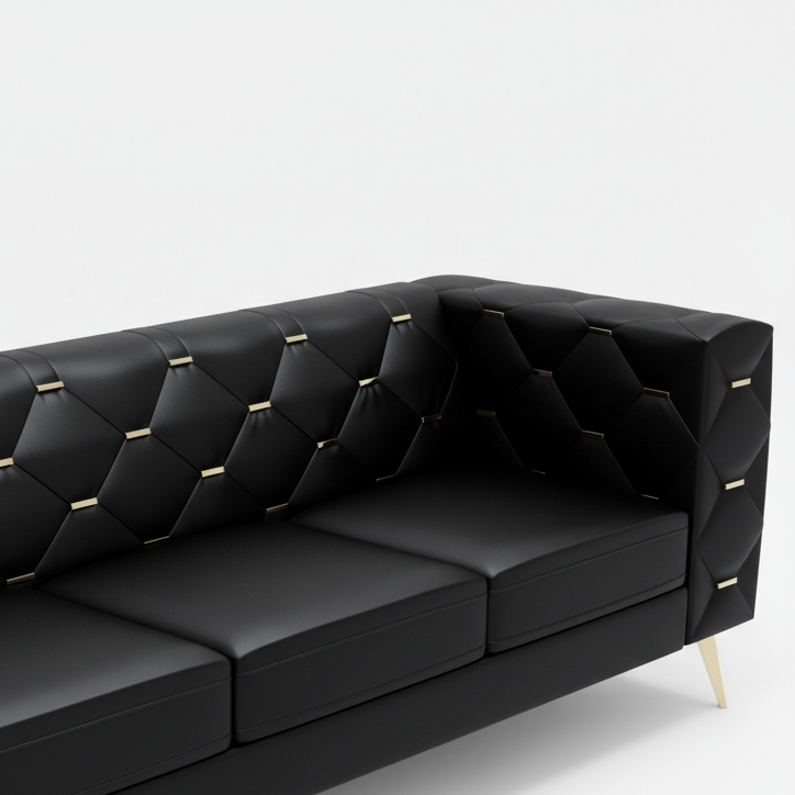 3 Seater Sofa Elegance Redefined: A Luxurious Black Tufted Sofa with Golden Accents for the Modern Living Space