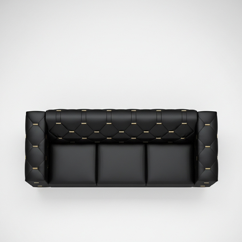 3 Seater Sofa Elegance Redefined: A Luxurious Black Tufted Sofa with Golden Accents for the Modern Living Space