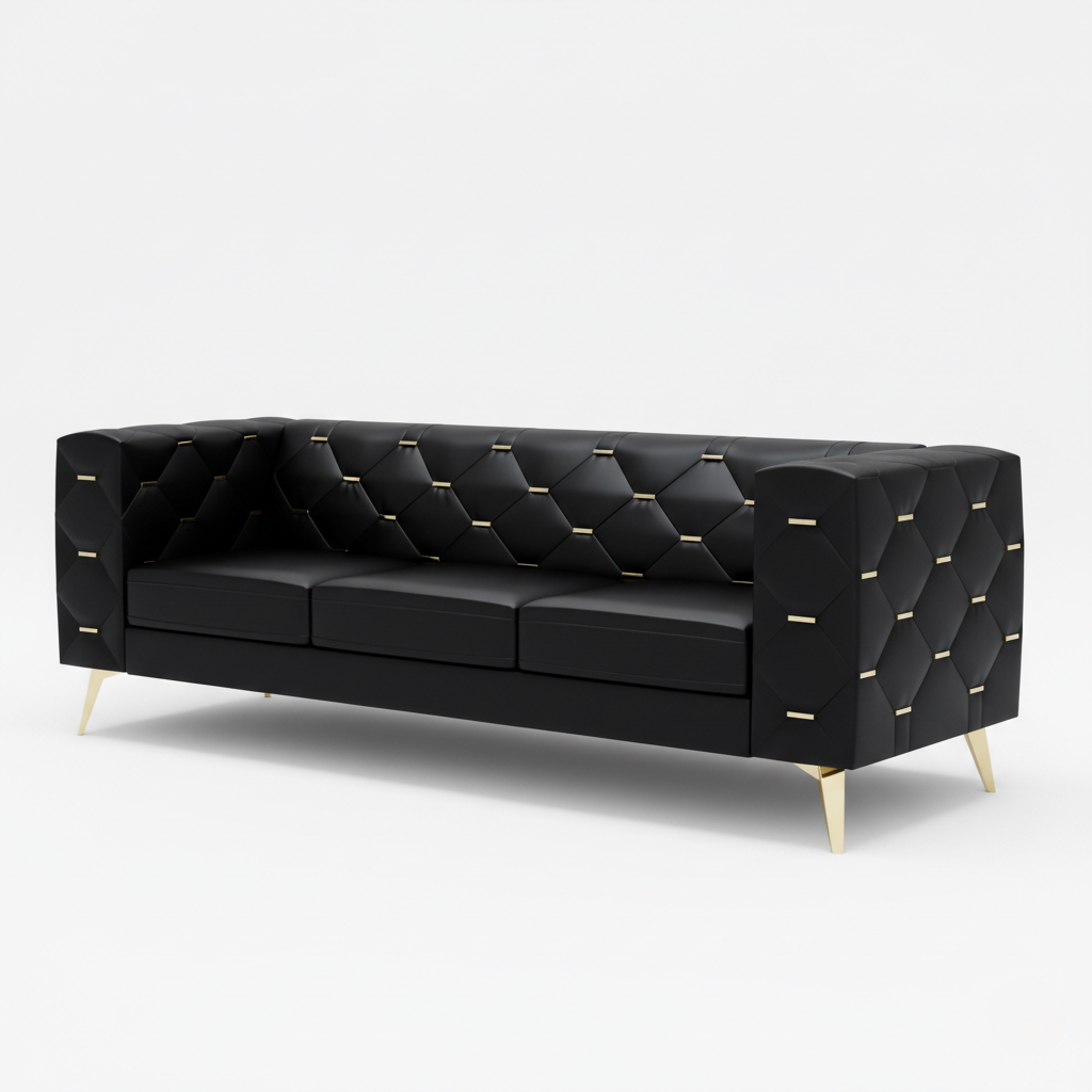 3 Seater Sofa Elegance Redefined: A Luxurious Black Tufted Sofa with Golden Accents for the Modern Living Space