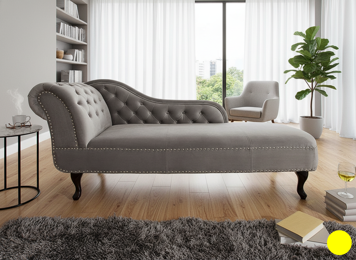 Gray chaise lounge in a living room setting with a bookshelf, chair, and plant.