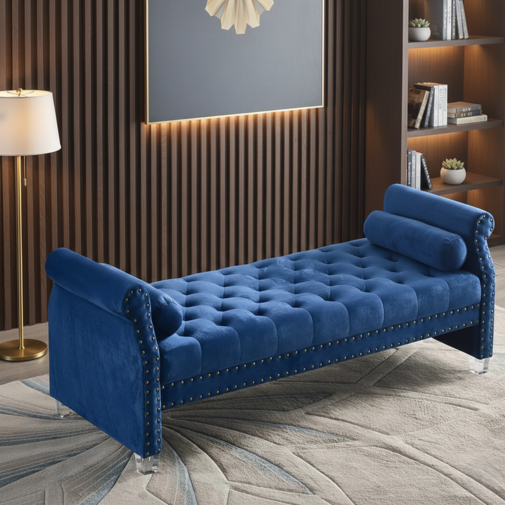 Blue tufted bench in a modern living room setting with a lamp and bookshelf.