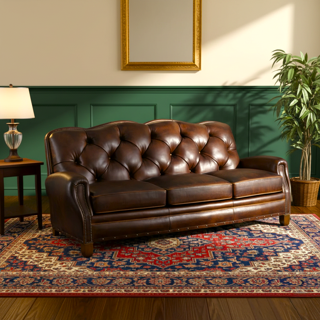 Brown leather sofa in a room with a green wall, framed mirror, and decorative rug.
