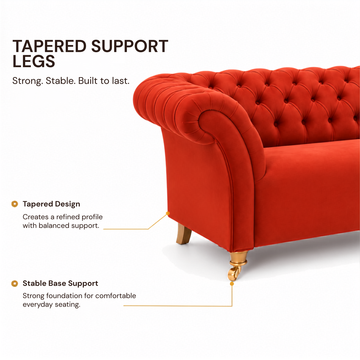 Luxury Red Velvet Chesterfield 3 Seater Sofa with Deep Button Tufting, Rolled Arms & Gold Legs for Living Room and Lounge