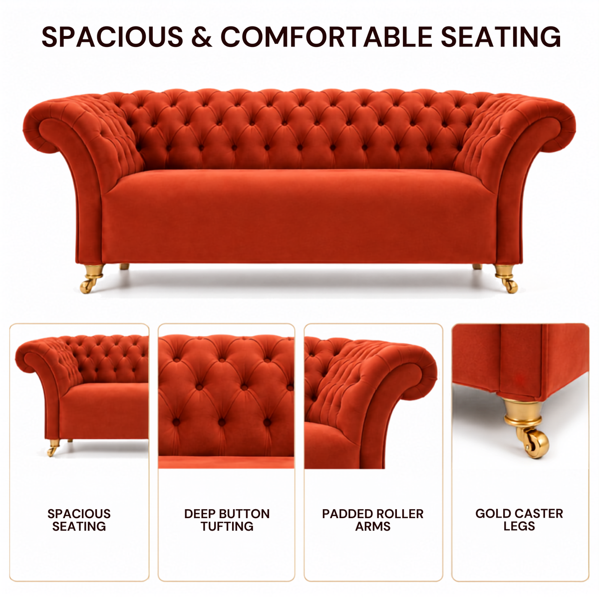 Luxury Red Velvet Chesterfield 3 Seater Sofa with Deep Button Tufting, Rolled Arms & Gold Legs for Living Room and Lounge