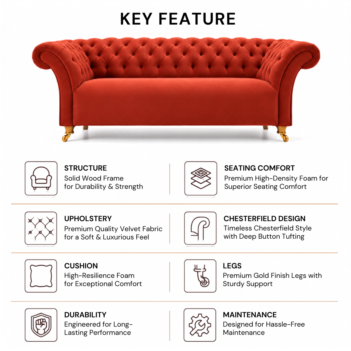 Luxury Red Velvet Chesterfield 3 Seater Sofa with Deep Button Tufting, Rolled Arms & Gold Legs for Living Room and Lounge