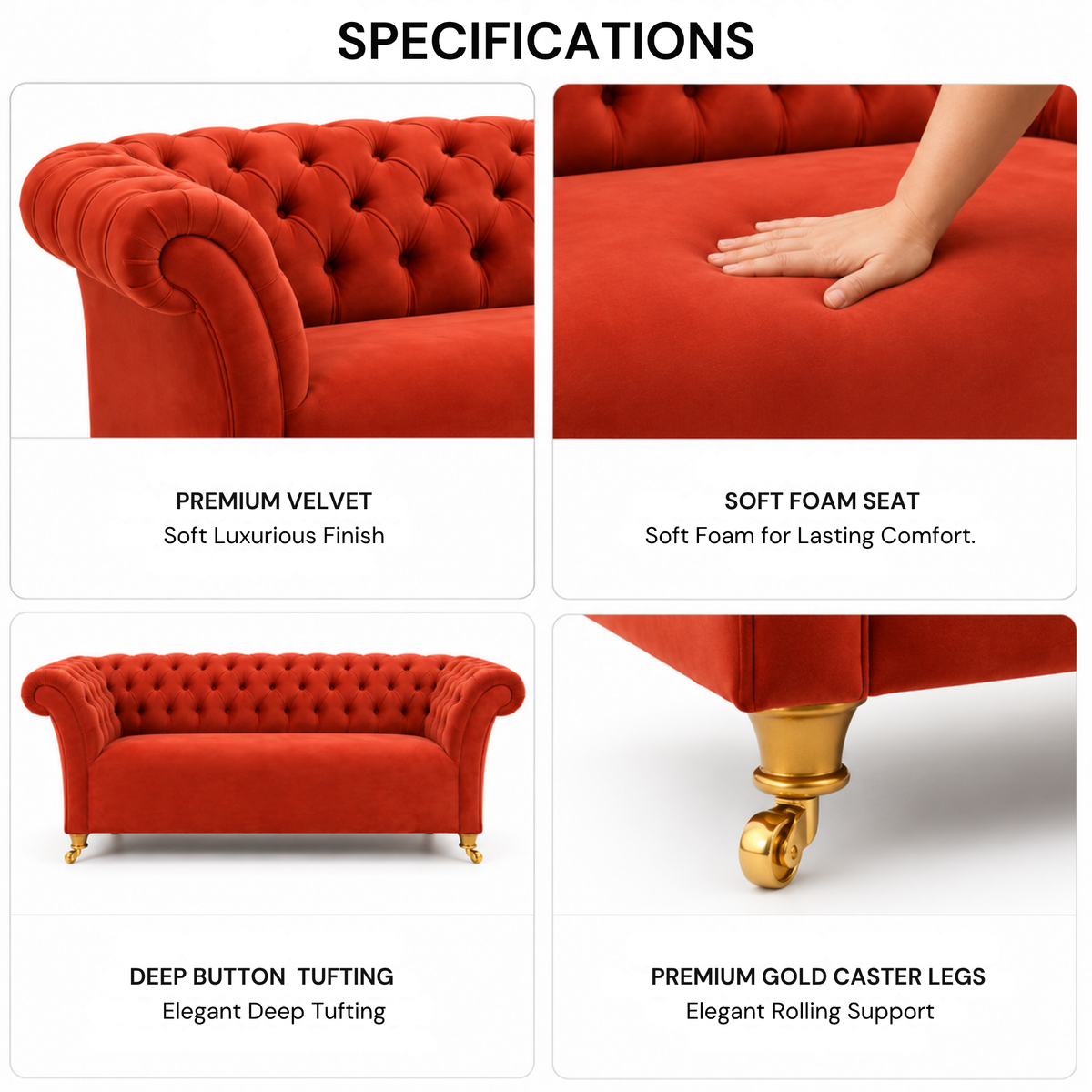 Luxury Red Velvet Chesterfield 3 Seater Sofa with Deep Button Tufting, Rolled Arms & Gold Legs for Living Room and Lounge