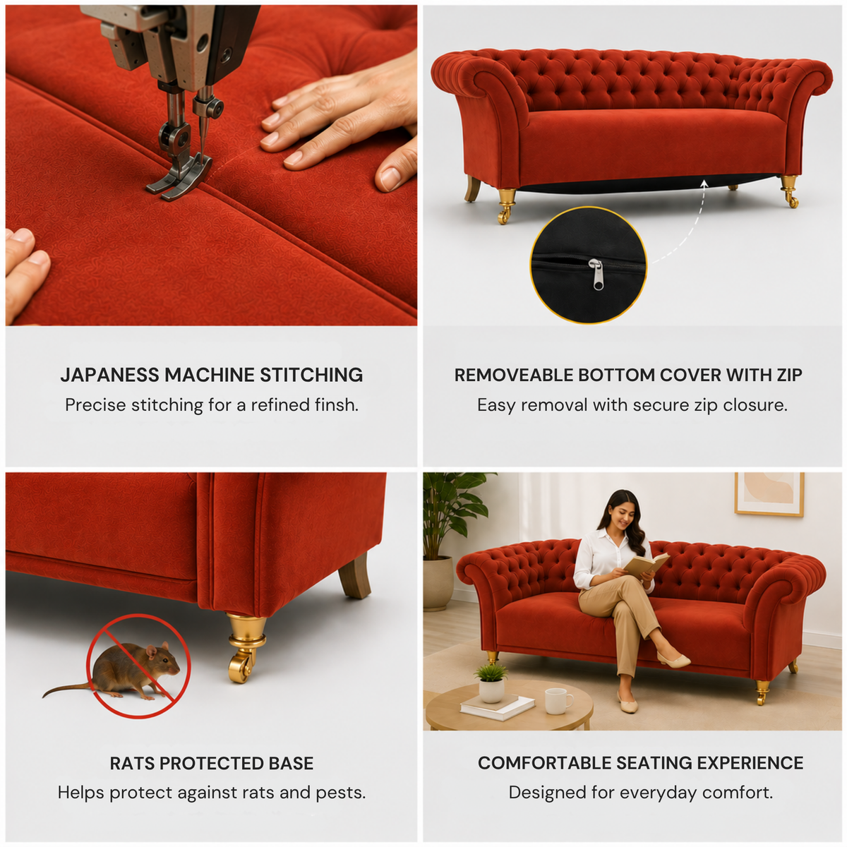 Luxury Red Velvet Chesterfield 3 Seater Sofa with Deep Button Tufting, Rolled Arms & Gold Legs for Living Room and Lounge