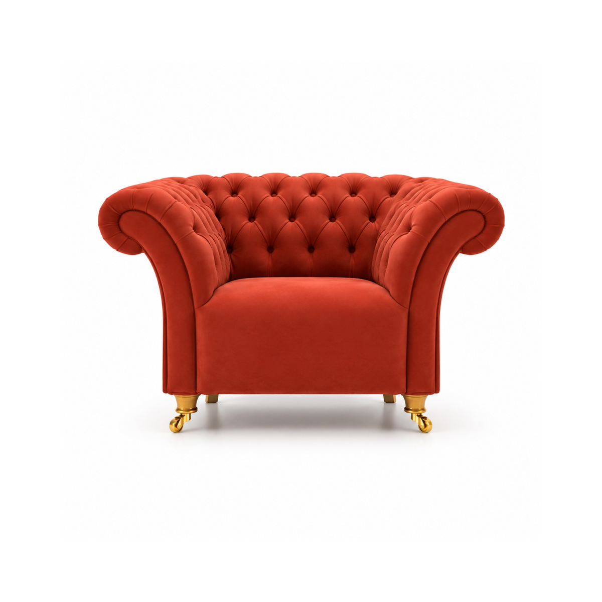 Luxury Red Velvet Chesterfield 3 Seater Sofa with Deep Button Tufting, Rolled Arms & Gold Legs for Living Room and Lounge
