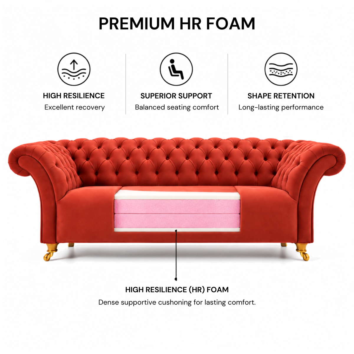 Luxury Red Velvet Chesterfield 3 Seater Sofa with Deep Button Tufting, Rolled Arms & Gold Legs for Living Room and Lounge