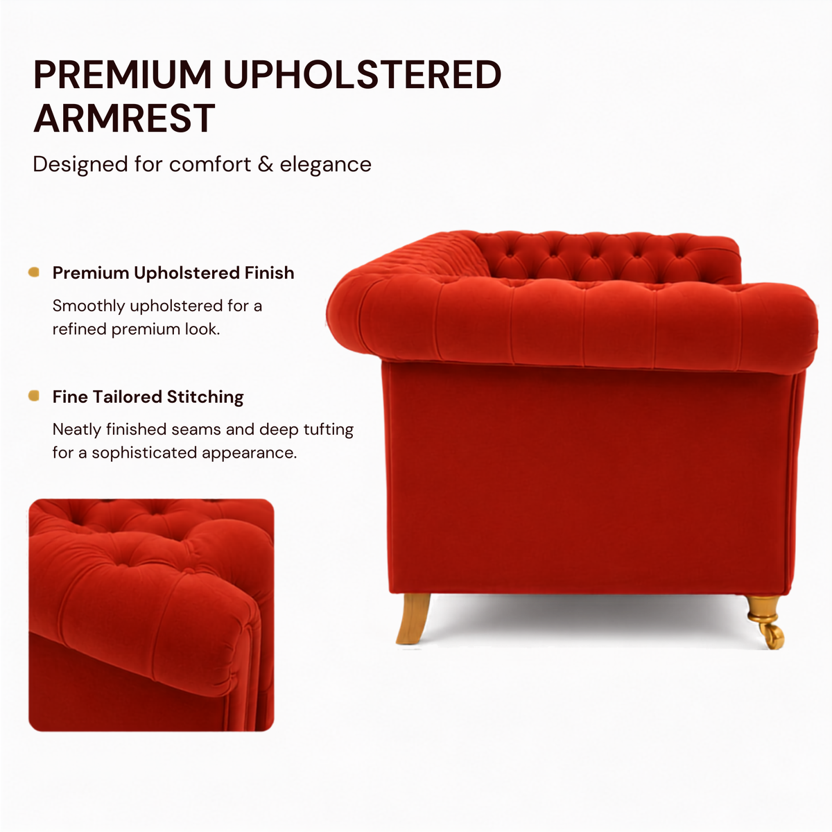 Luxury Red Velvet Chesterfield 3 Seater Sofa with Deep Button Tufting, Rolled Arms & Gold Legs for Living Room and Lounge