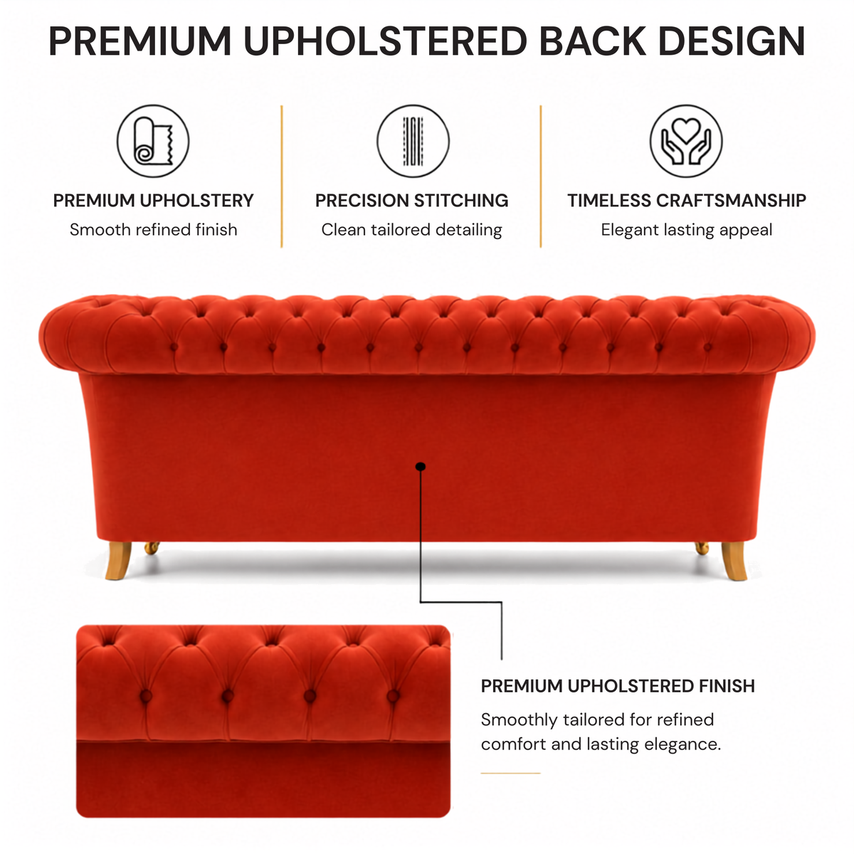 Luxury Red Velvet Chesterfield 3 Seater Sofa with Deep Button Tufting, Rolled Arms & Gold Legs for Living Room and Lounge