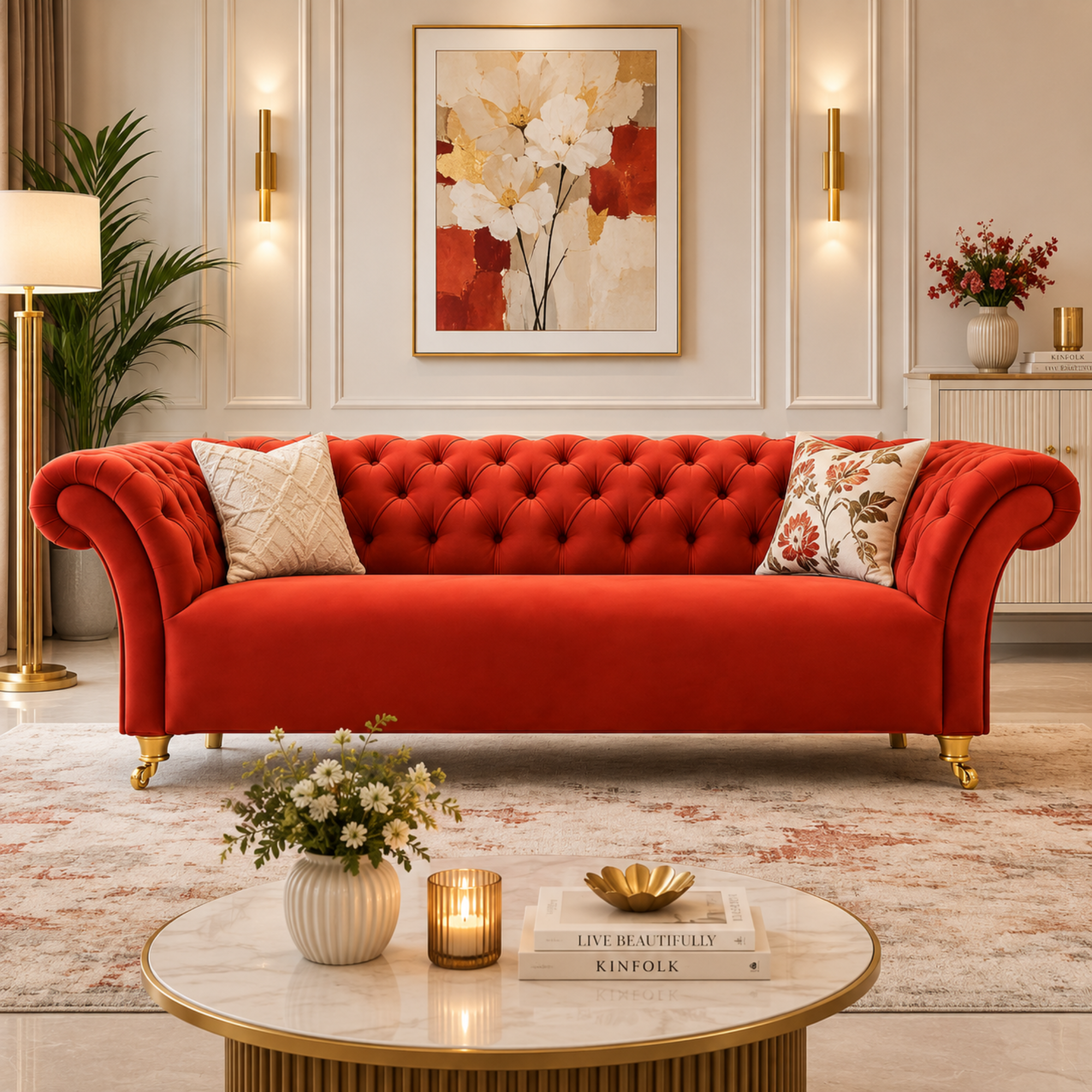 3 Spacious Seater chesterfield sofa Premium Quality Sofa and Suede fabric Durable & Comfortable Padded Perfect for living Room-Pink