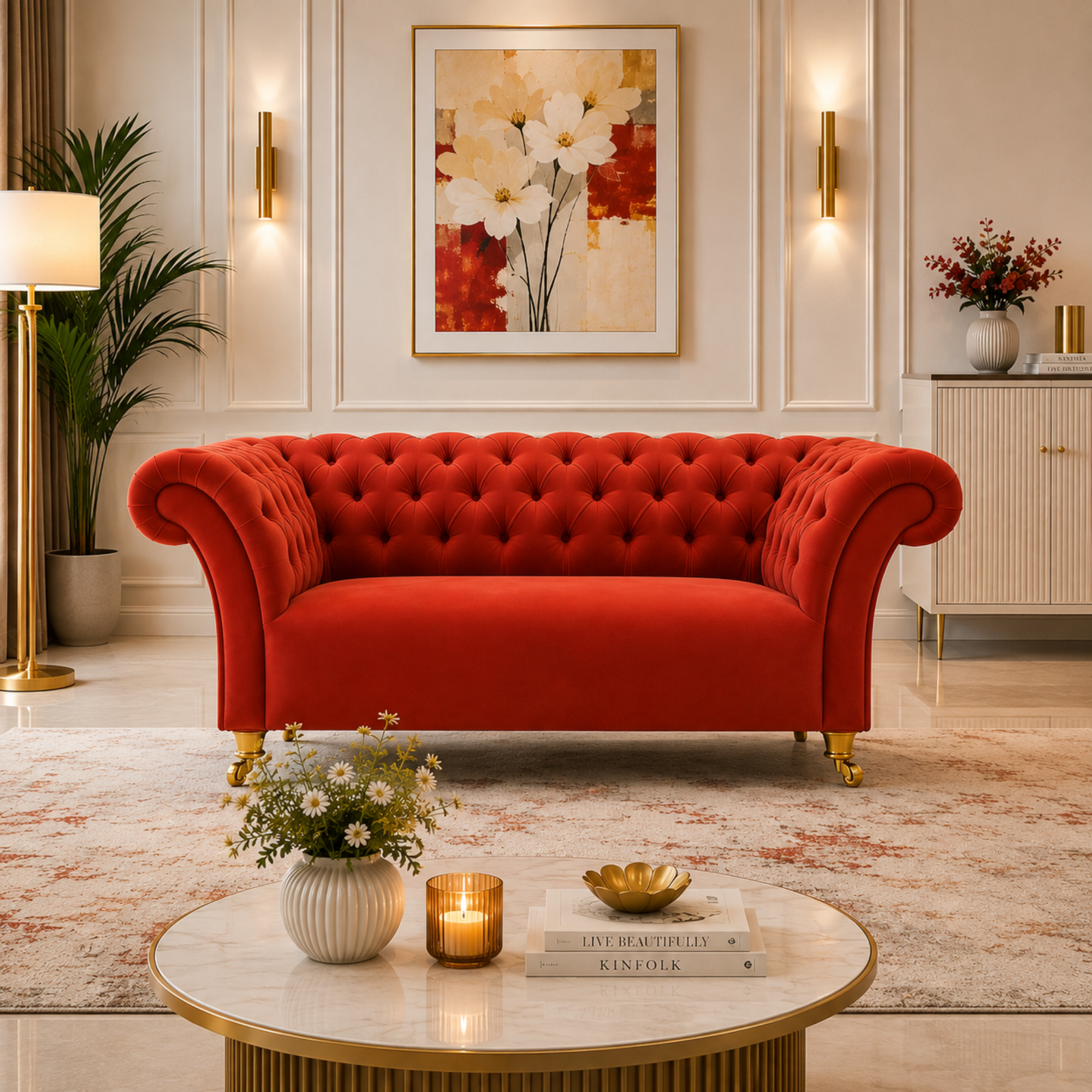 3 Spacious Seater chesterfield sofa Premium Quality Sofa and Suede fabric Durable & Comfortable Padded Perfect for living Room-Pink