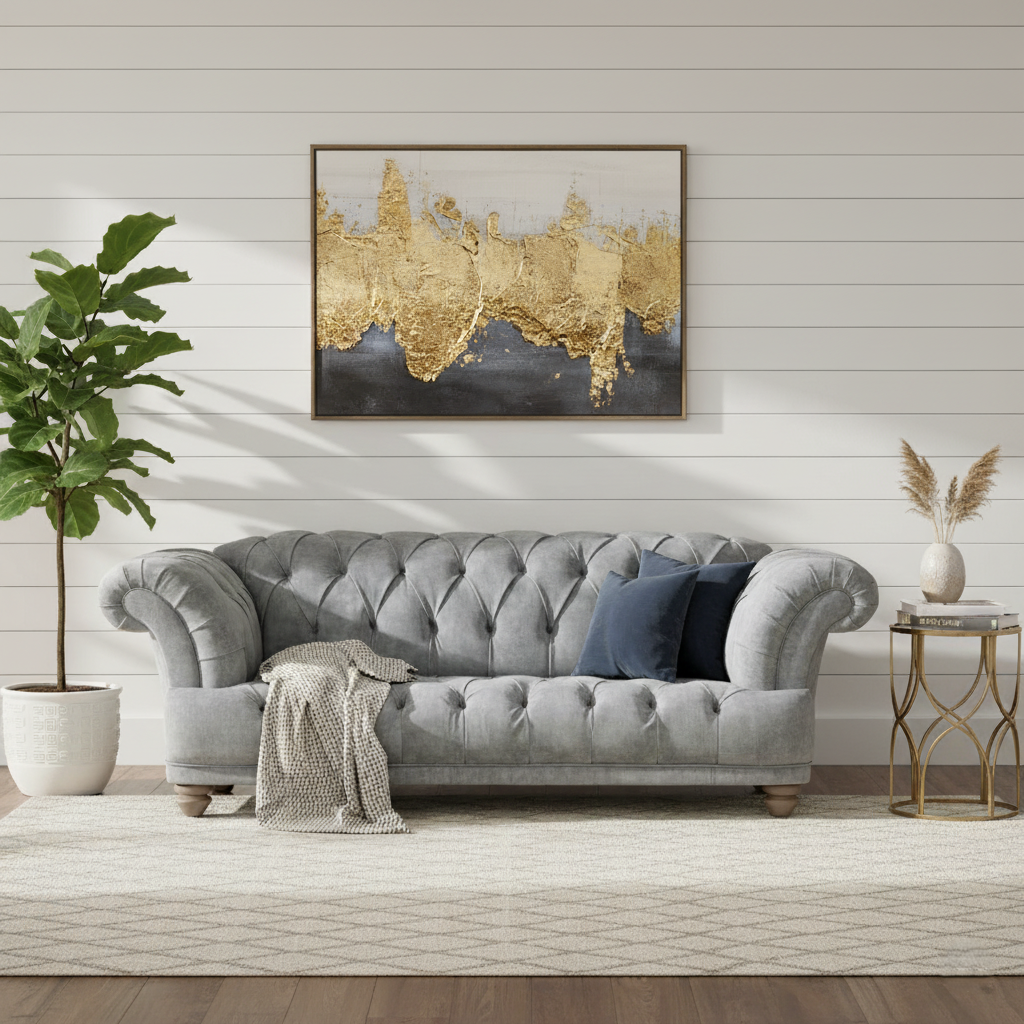 Gray tufted sofa in a living room with a gold abstract painting on the wall.