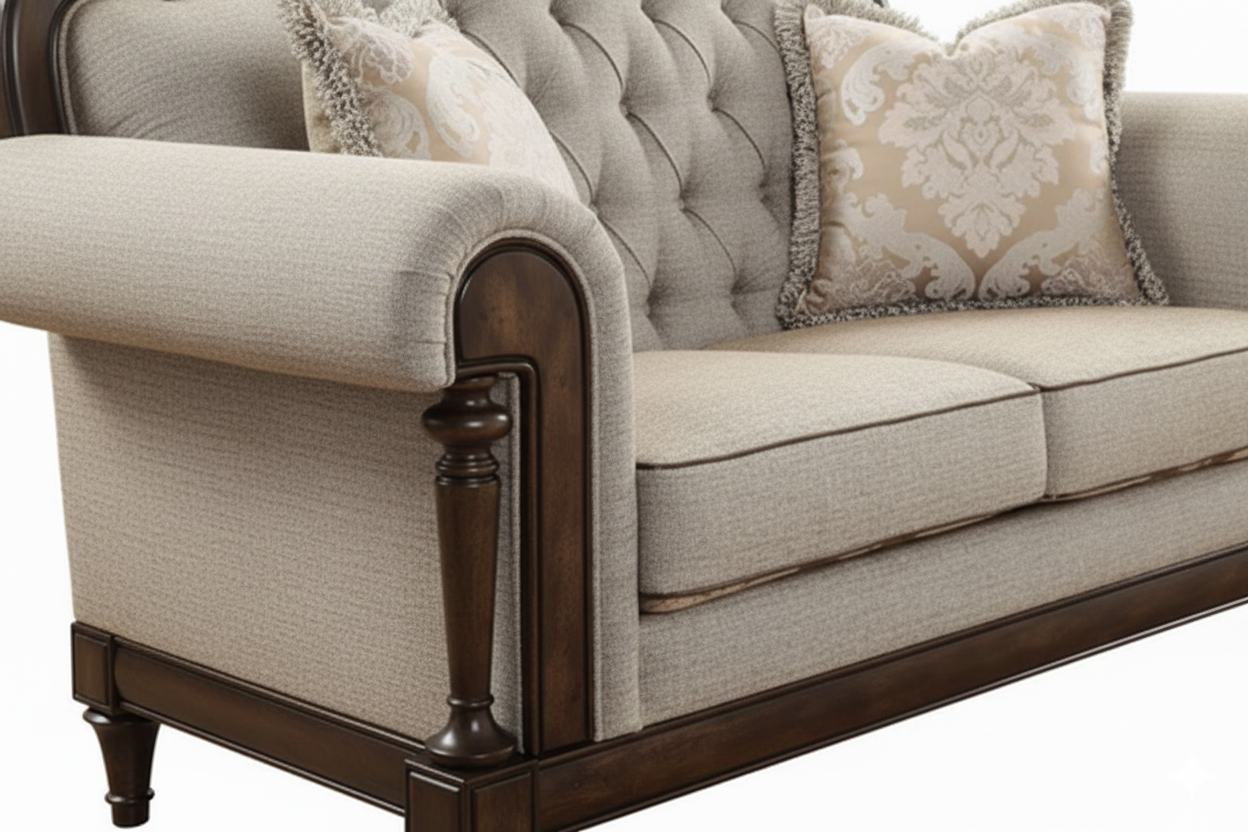 2 Seater Wooden Sofa For Home Furniture, Upholstery Fabric Premium And Durable Design For Living Room and Hall- Cream