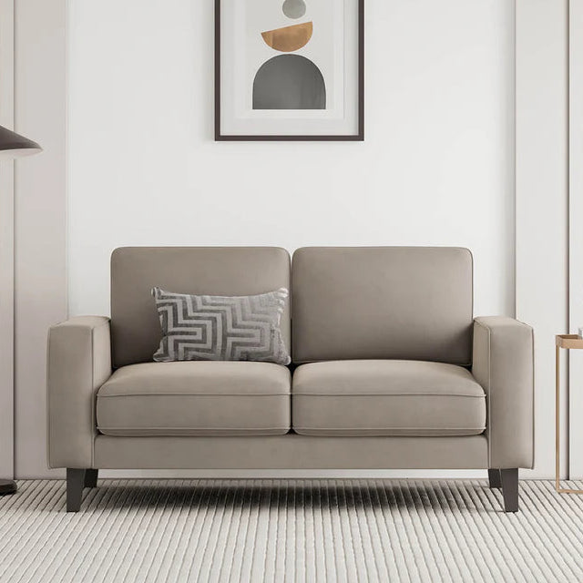 A modern gray 2-seater fabric sofa with teak wood legs, placed in a well-decorated living room setting.